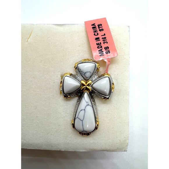 White Howlite Cross Ring Stainless Steel 316L Silver Gold Two Tone Statement - Picture 11 of 11